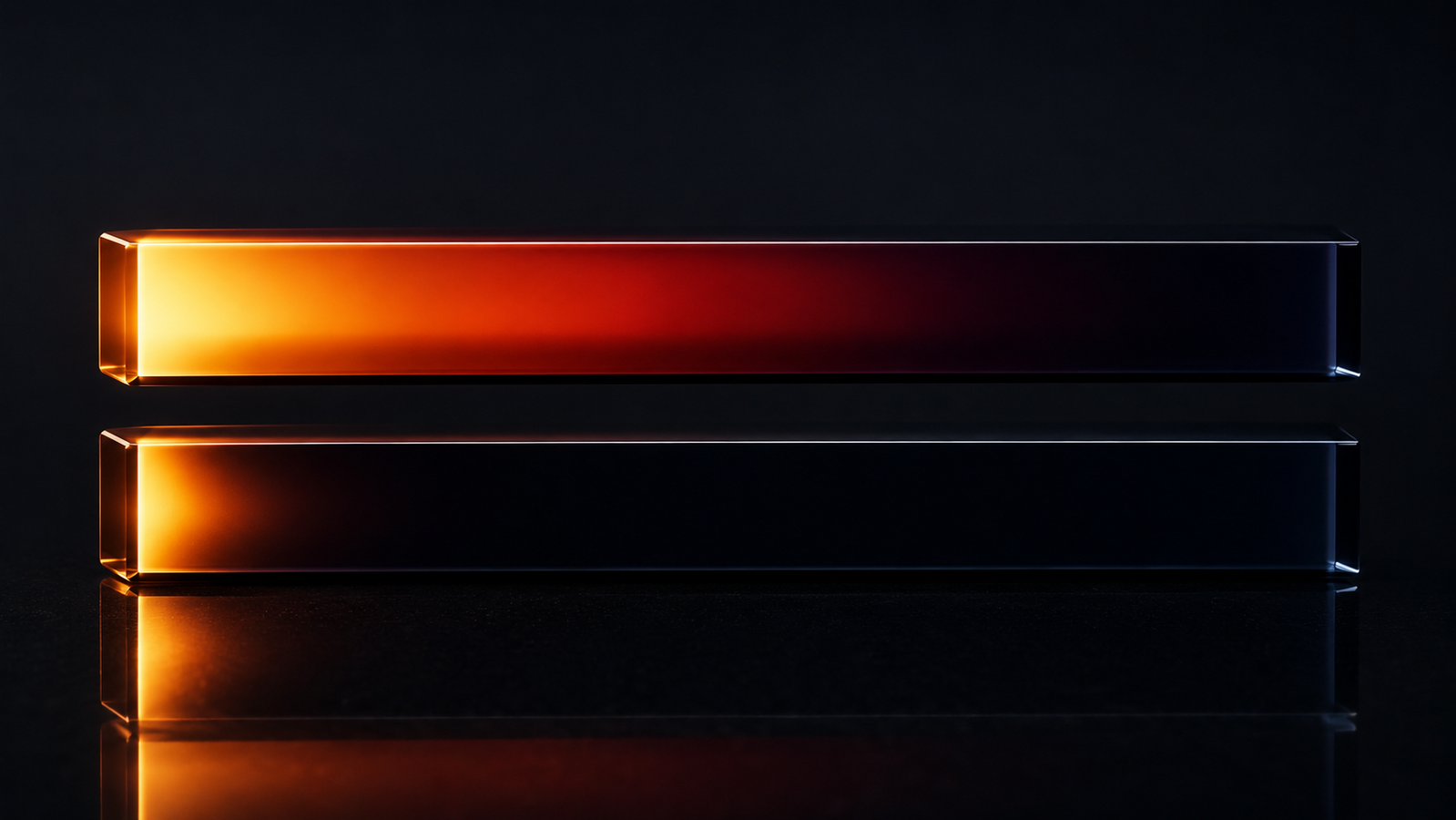 Two identical dark basalt bars side by side in a black void, both touched at the left end by the same instant of amber heat: in the upper bar the glowing thermal front has already raced far along the length, in the lower bar the same front has barely advanced — two clocks running at different speeds from one shared pulse