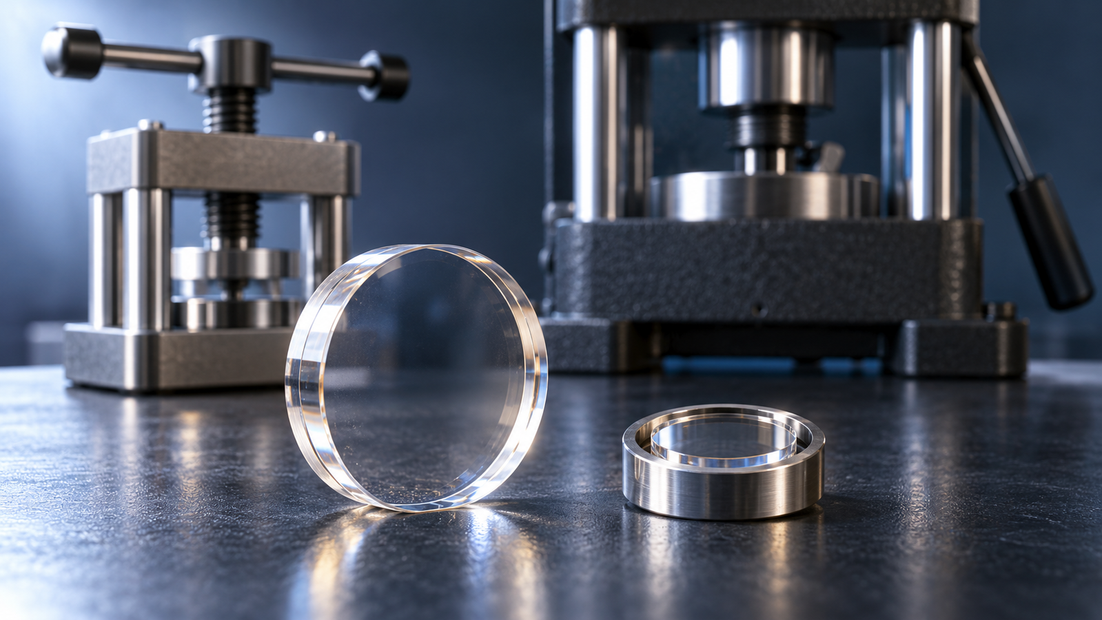 A 13 mm and a 7 mm transparent potassium bromide pellet side by side on a dark surface, the smaller one held in a thin steel ring, with a compact hand press and a larger hydraulic press behind them