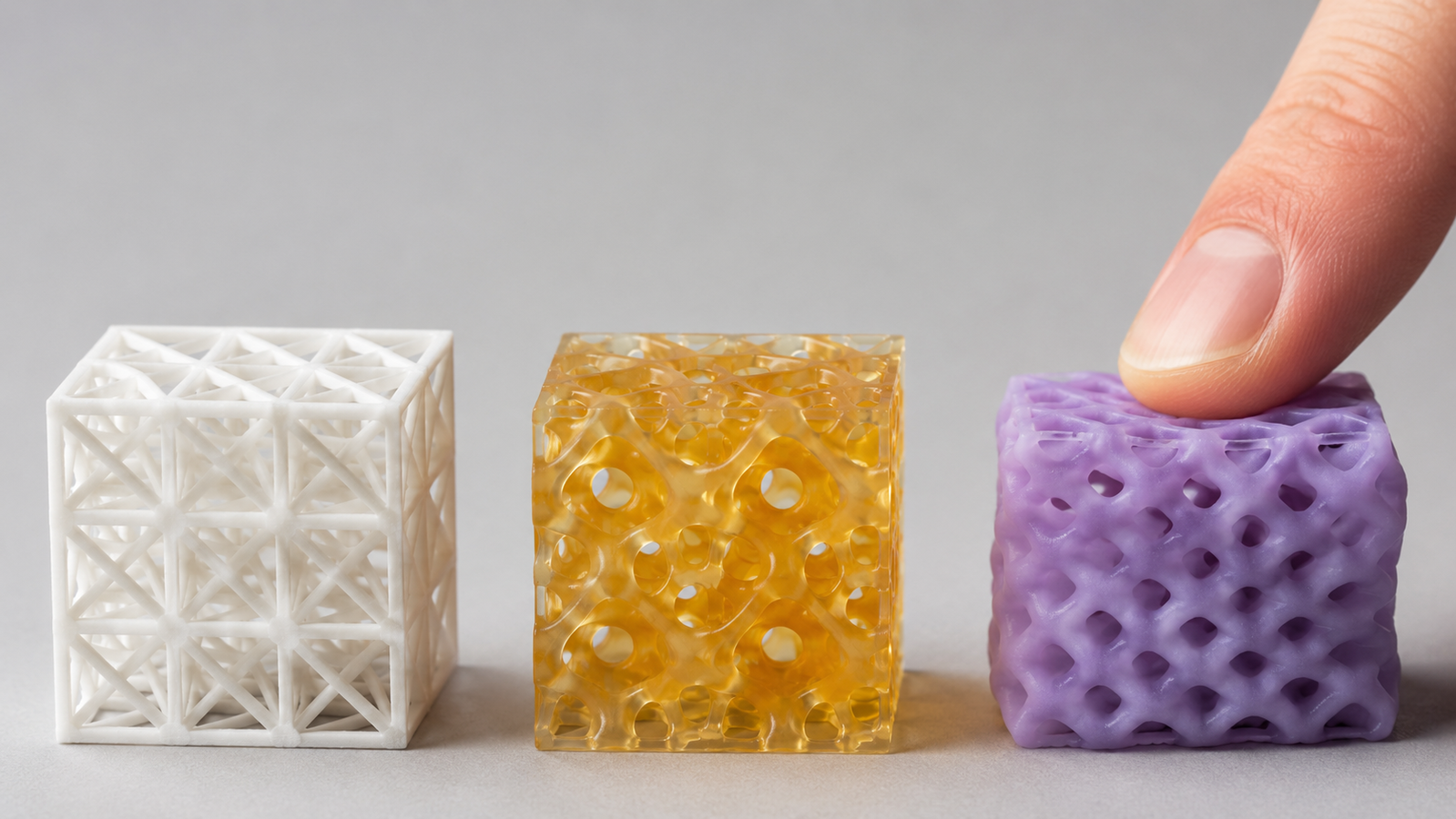 Three 3D printed lattice cubes in a row on a light studio bench: a white strut-based octet lattice, a translucent amber gyroid TPMS lattice, and a violet elastomer lattice being compressed by a fingertip, showing open cellular architecture at different densities