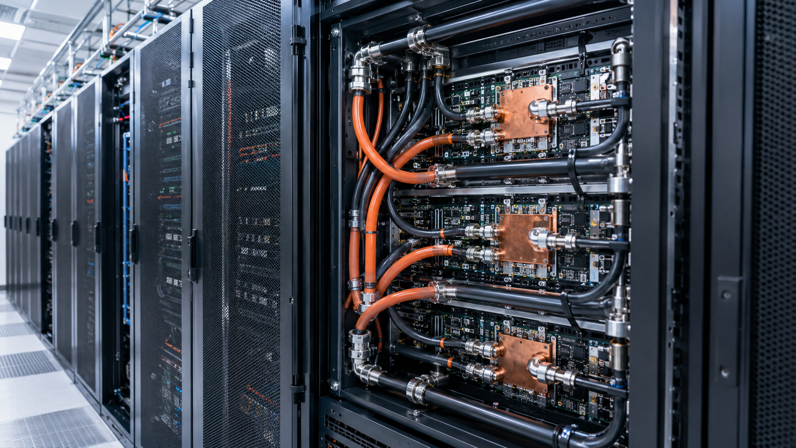 Rows of liquid-cooled AI server racks with orange coolant manifolds and hoses running to cold plates inside an open chassis