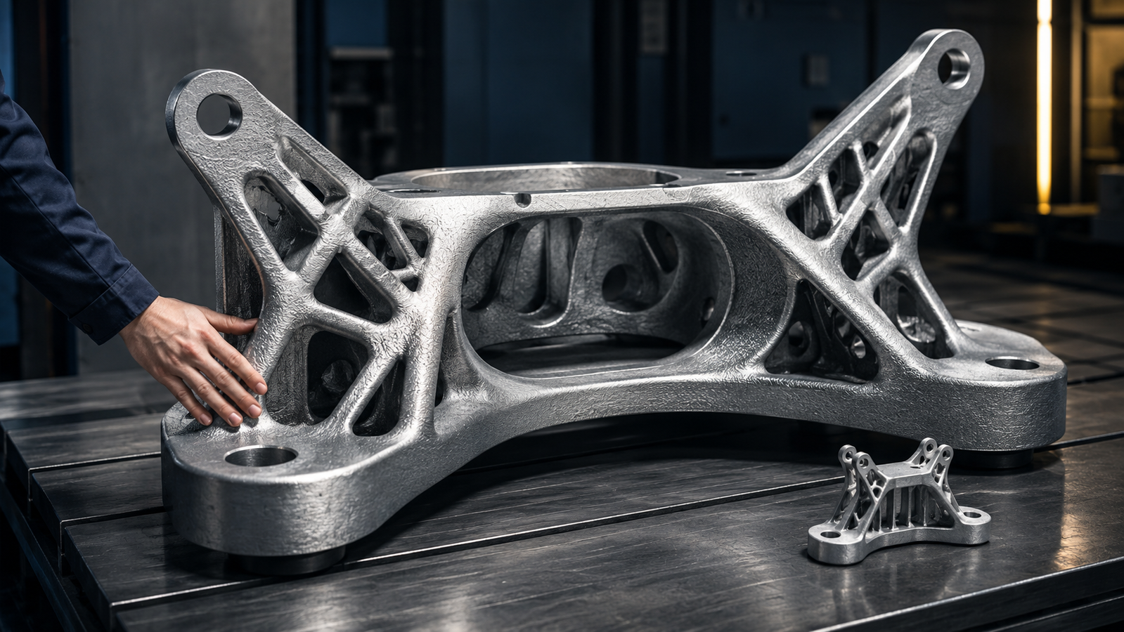 Large-format metal 3D printing part on a machine bed, shown with smaller printed parts for scale