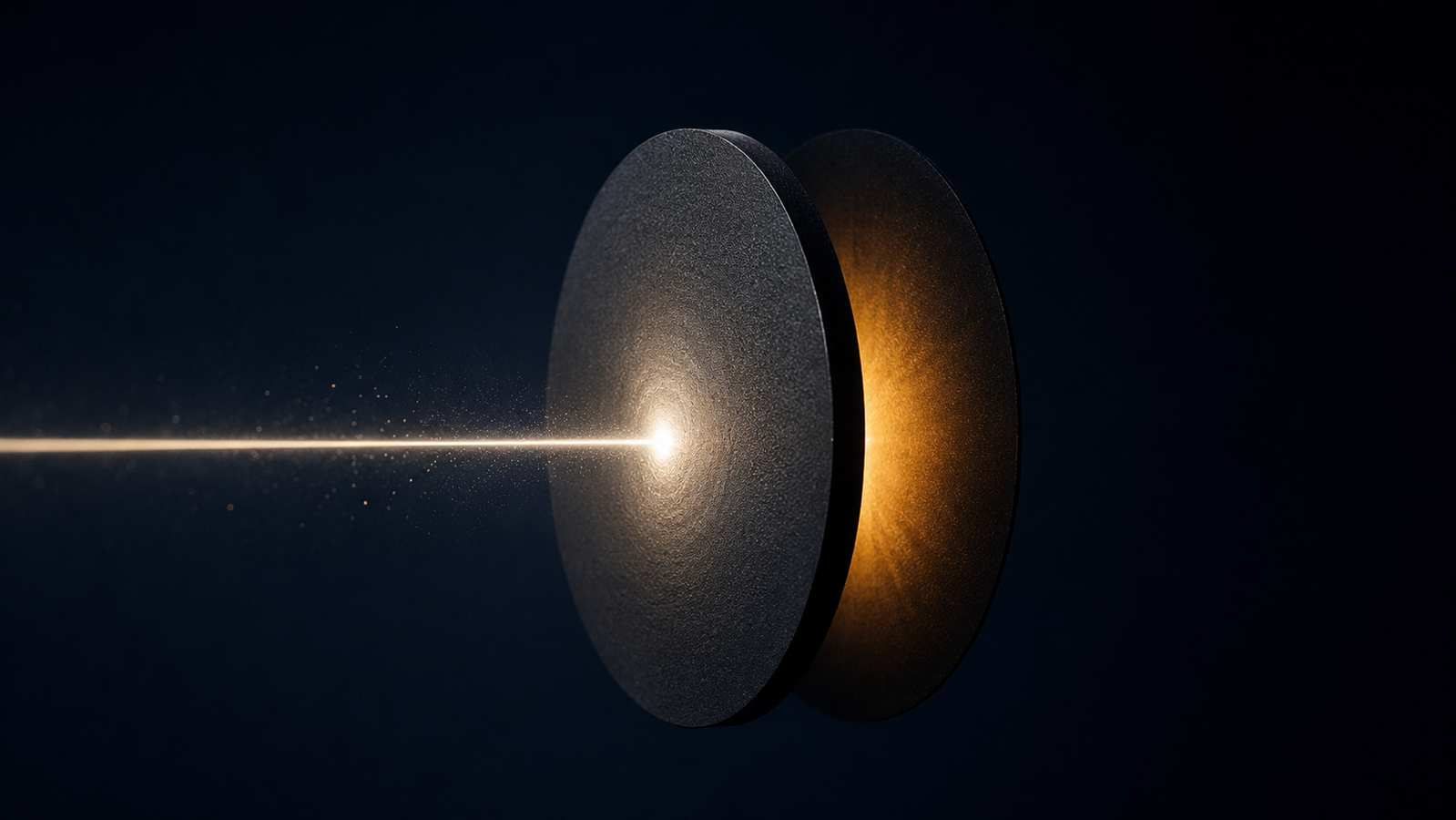 A dark ceramic disc floating on black, struck on its front face by a brilliant flash of light while a slow warm glow rises across its rear face