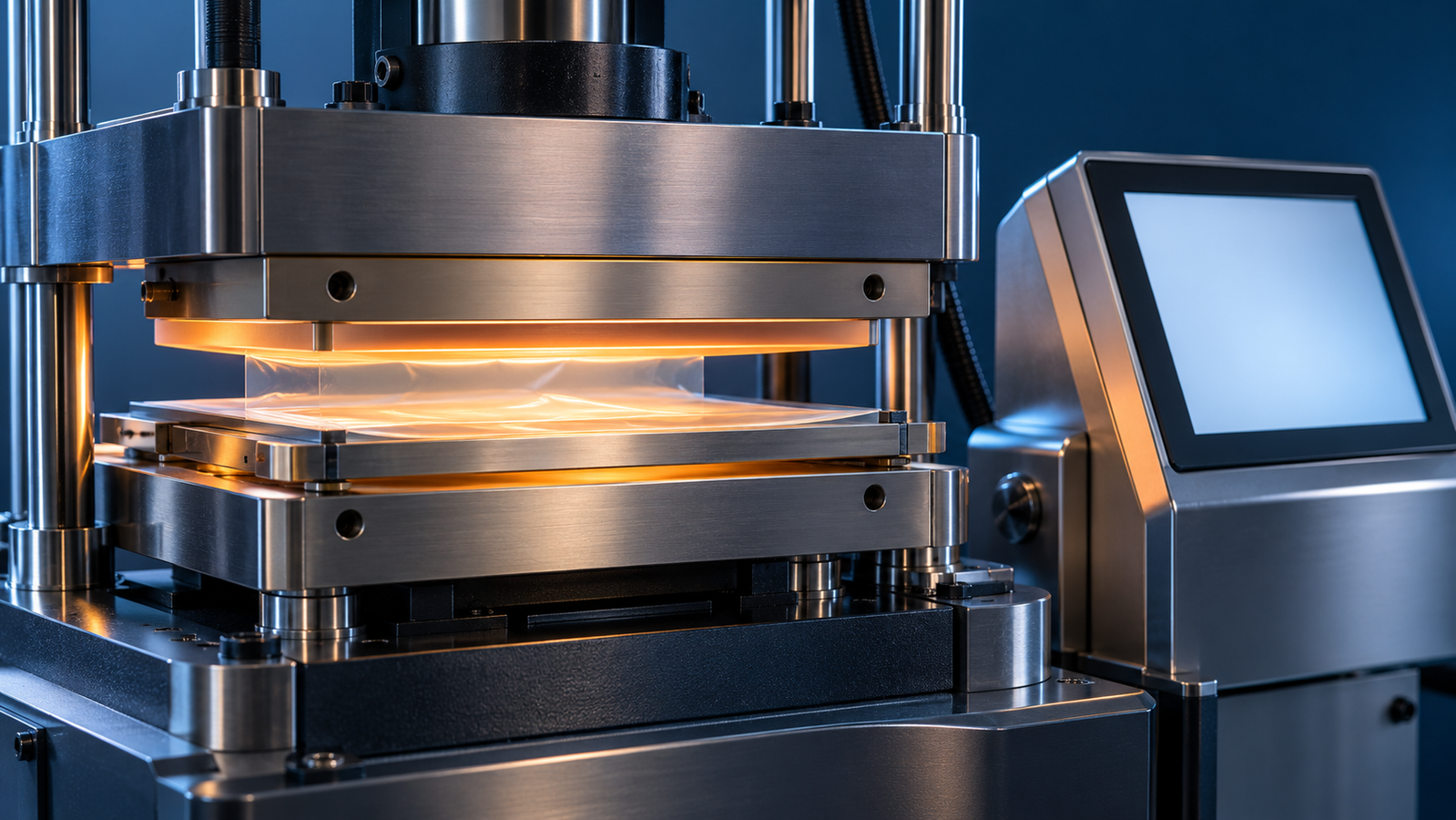 A laboratory hot press with two heated platens closing on a thin polymer film, with a touch-screen temperature controller beside it