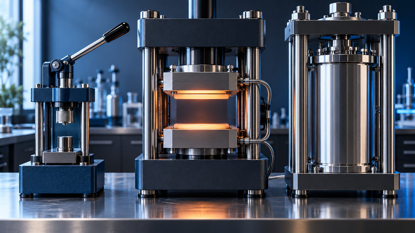 A benchtop hydraulic pellet press, a heated-platen hot press and a cold isostatic pressure chamber side by side on a laboratory bench