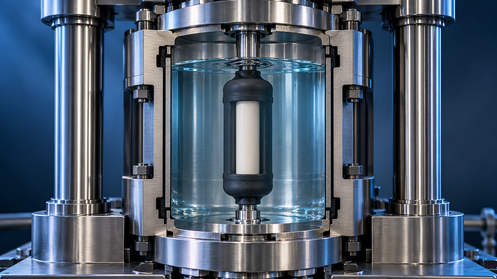 A cutaway laboratory cold isostatic pressure chamber with a sealed rubber mold containing a ceramic rod immersed in liquid