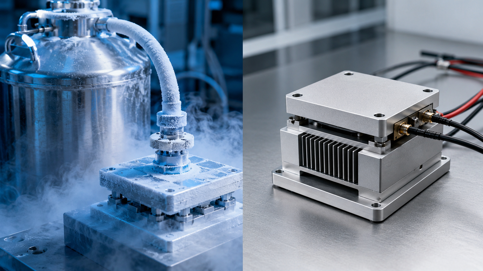 Side by side comparison of a liquid nitrogen dewar feeding a cold stage and a compact thermoelectric Peltier stage with electrical cables