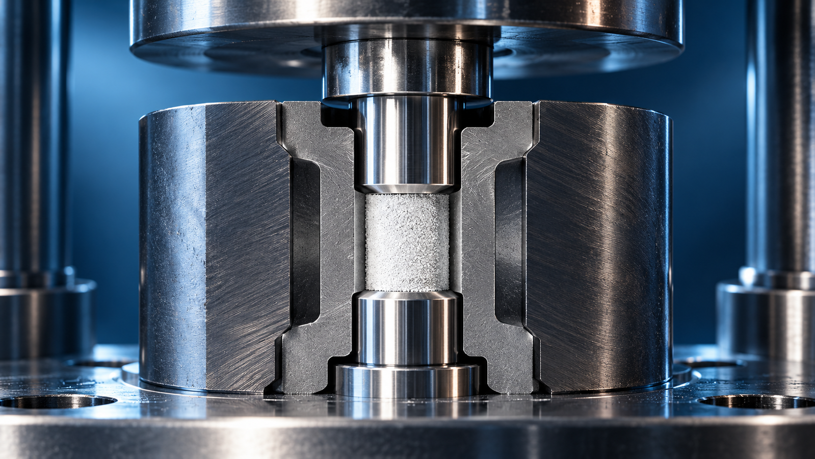 Cross-section of a steel pellet die with powder between two punches under a hydraulic press piston