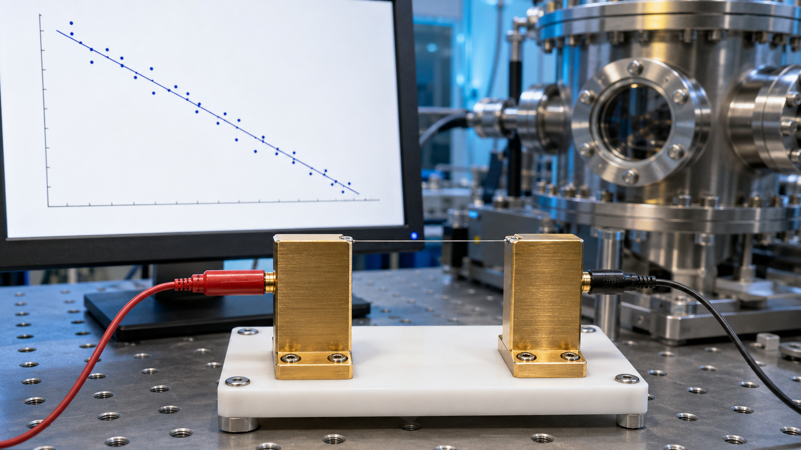 A straight regression line through logarithmic transient data points on a screen beside a suspended-fiber measurement stage