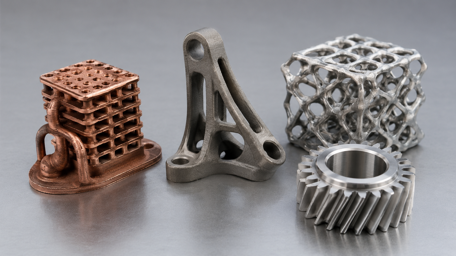 Metal 3D-printed sample parts in different alloy tones including copper, titanium, aluminum, and stainless steel