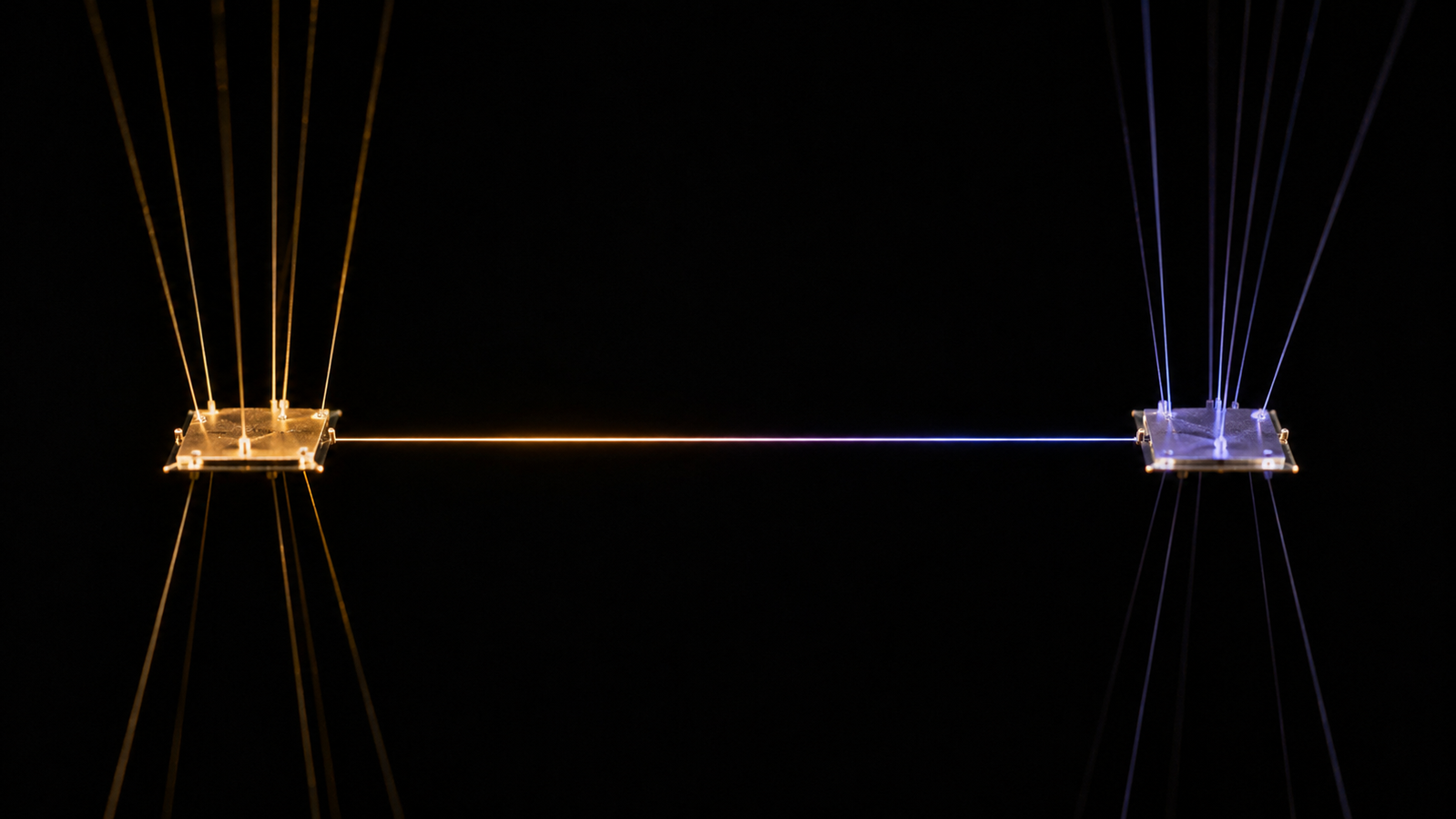 A single luminous nanoscale thread bridging two floating platforms in darkness, faint heat flowing across it from the warm platform to the cool one