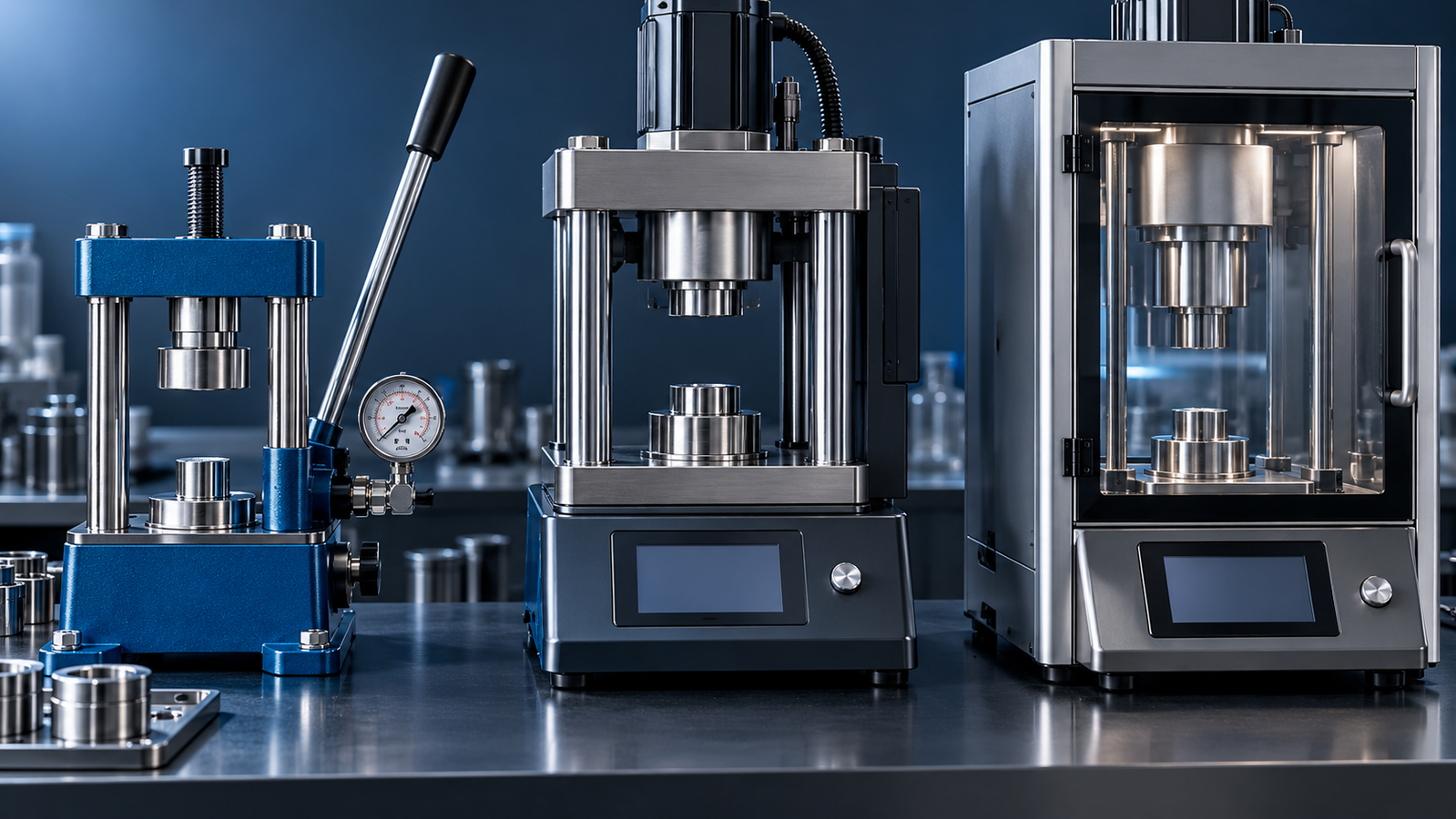 Three laboratory hydraulic presses side by side on a bench: a manual press with a hand lever and gauge, an electric press with a small screen, and an automatic press with a touch screen and a closed safety door