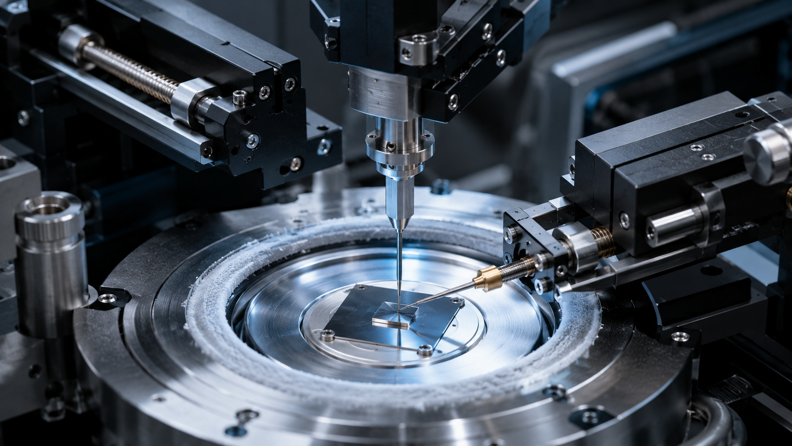Motorized micro-positioner arms landing fine probes on a small sample inside a temperature-controlled stage