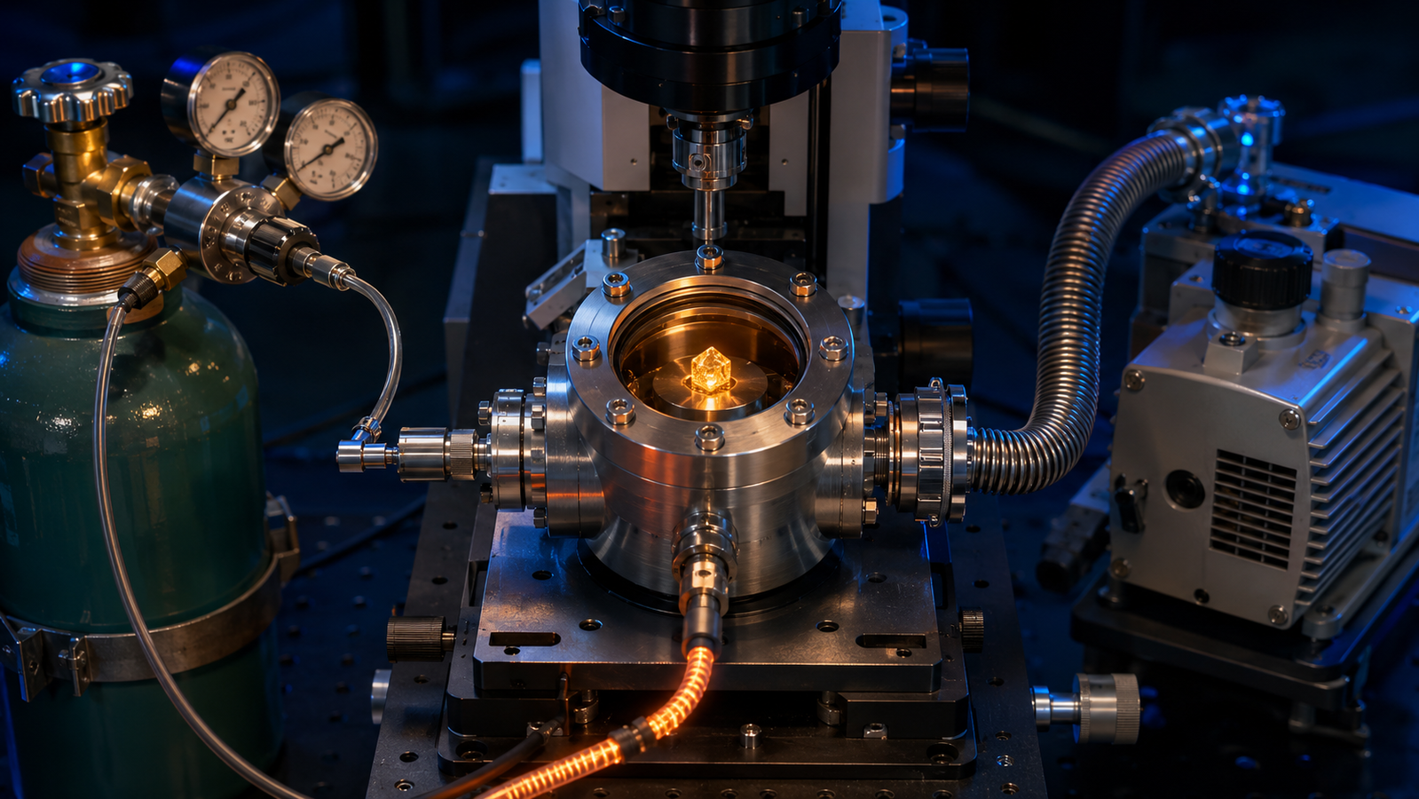 Sample chamber on an analytical instrument with three labeled supply lines for heating and cooling, gas atmosphere and vacuum pumping