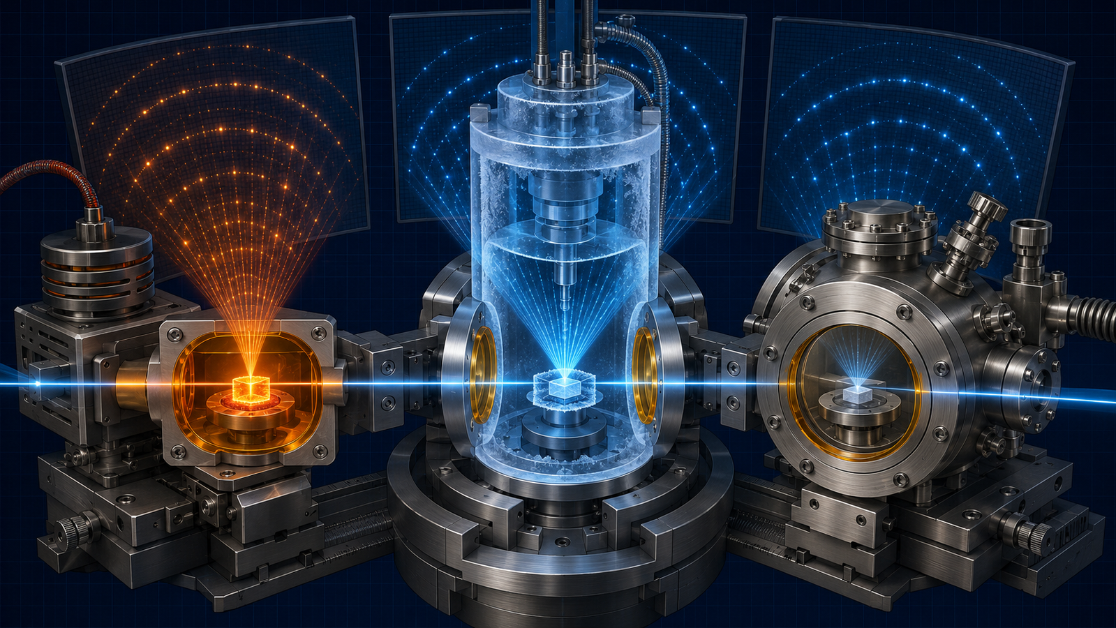 Illustration of non-ambient XRD attachments: a heating stage, a cryostat, and a vacuum chamber arranged around a diffractometer sample position, each imposing a different temperature and atmosphere while the X-ray beam passes through a transparent window