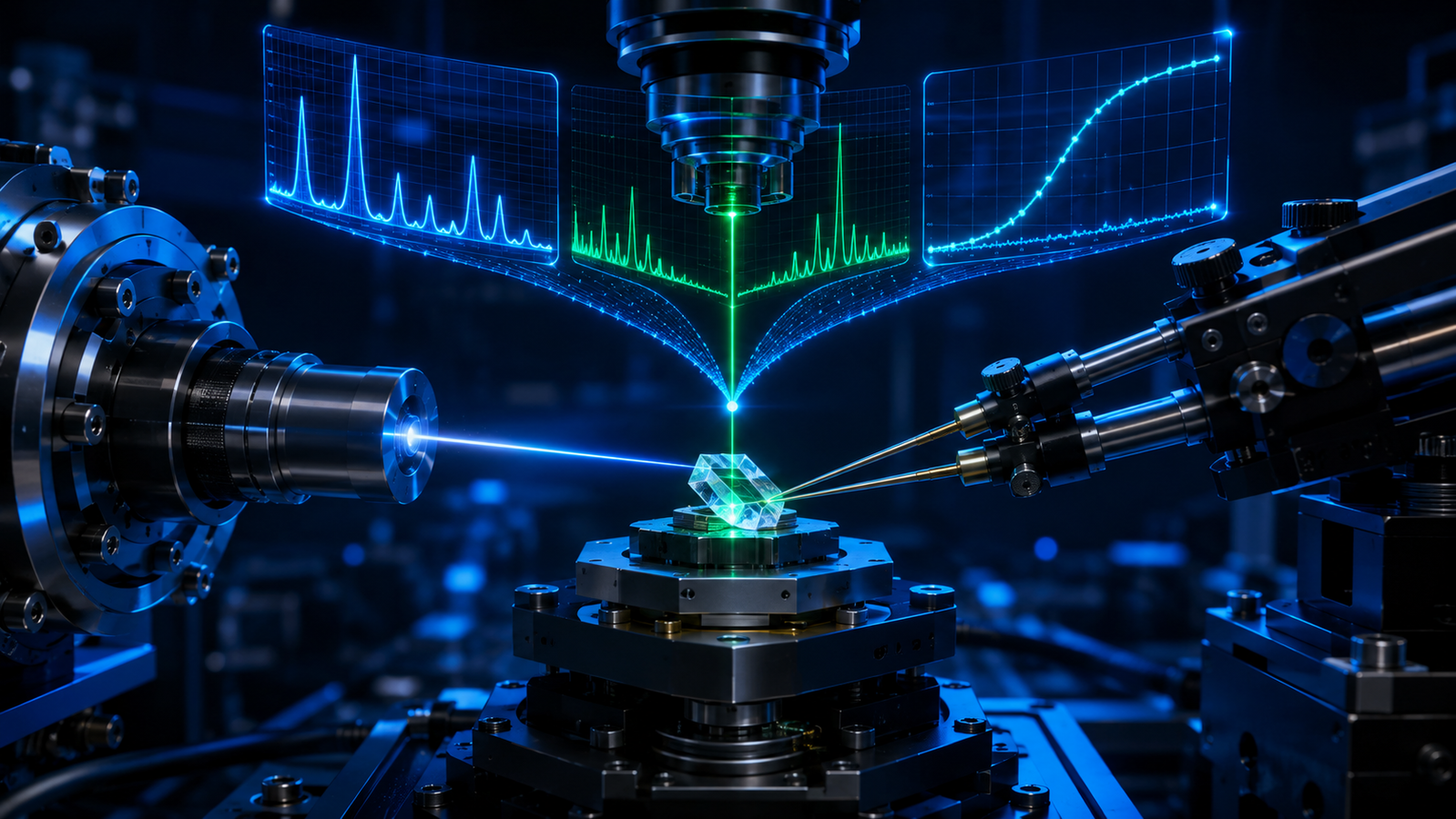 Sample on a temperature stage interrogated simultaneously by an X-ray beam, a Raman laser and electrical probes with three synchronized data traces