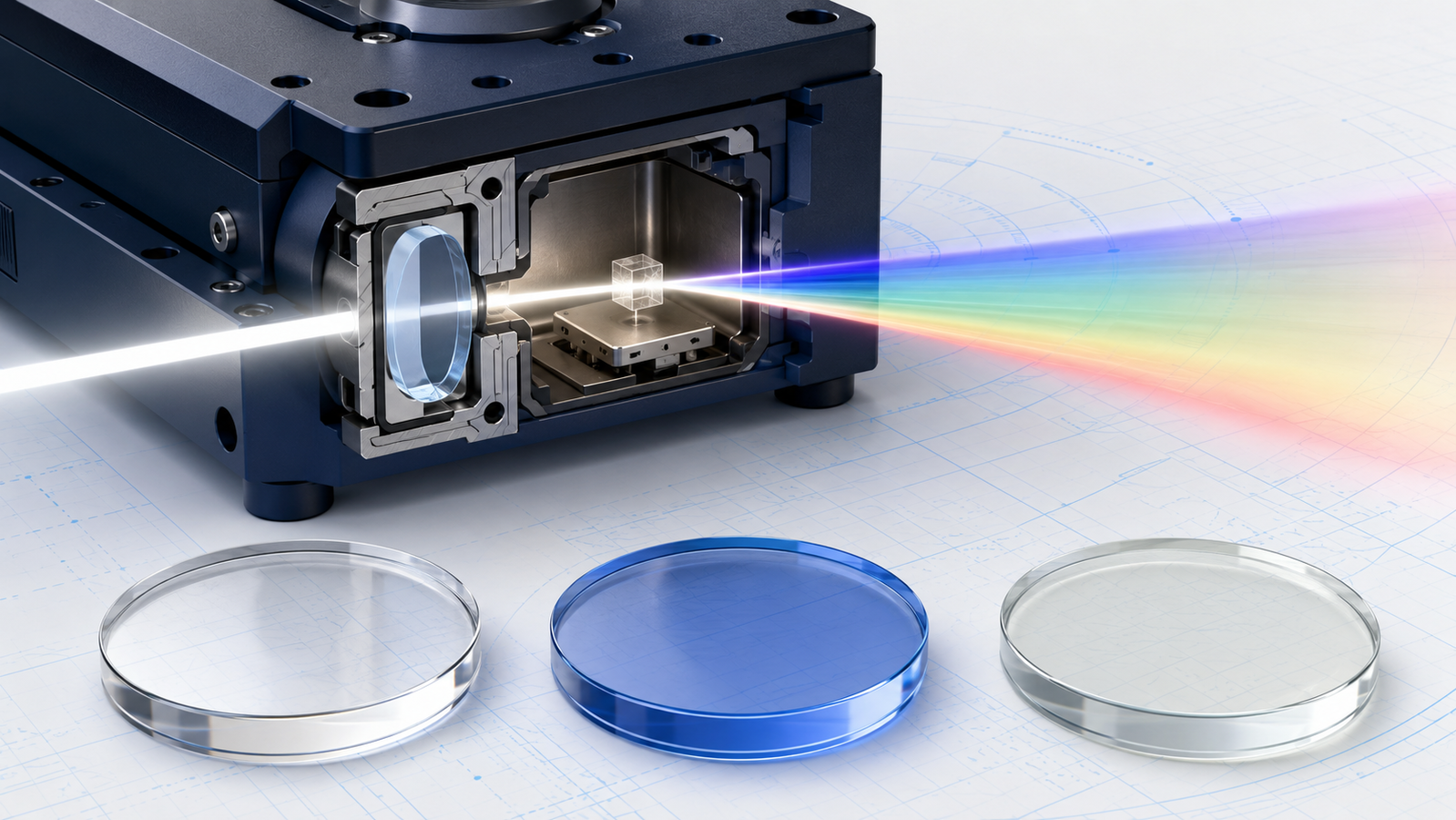 Optical windows for in-situ stages: a beam of light passing through a sealed heating-stage window into a sample chamber, with quartz, sapphire and calcium fluoride windows compared across the ultraviolet, visible and infrared spectrum