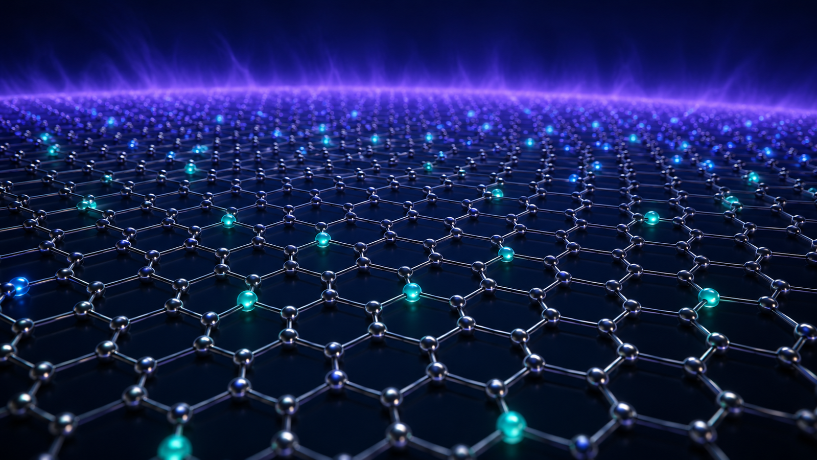 Illustration of a single honeycomb 2D material lattice being decorated with glowing functional groups by a gentle plasma, with a few highlighted lattice sites