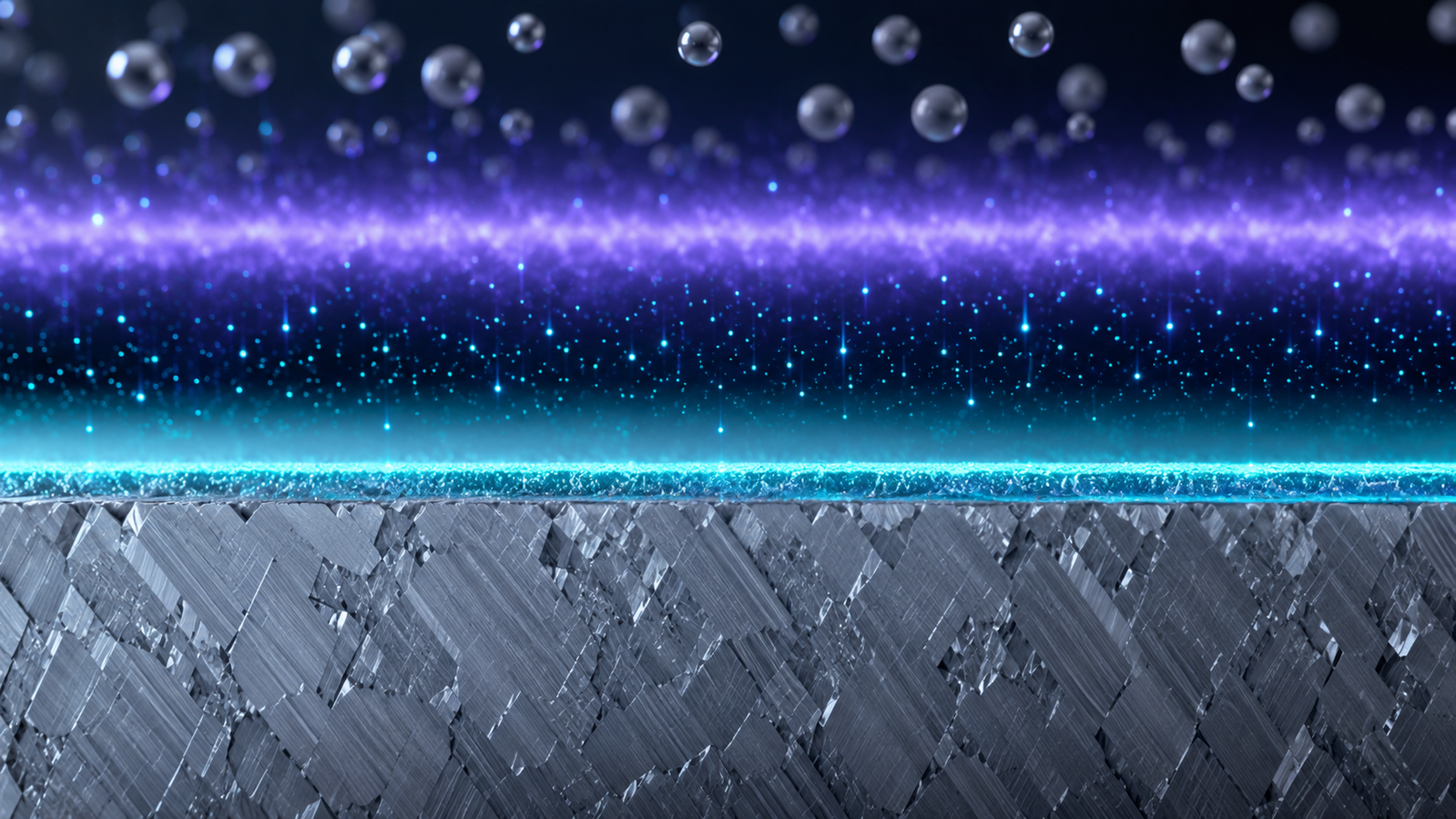 Cross-section illustration of plasma-enhanced CVD: a violet discharge cracking precursor molecules into radicals that deposit a thin teal film on a cool substrate