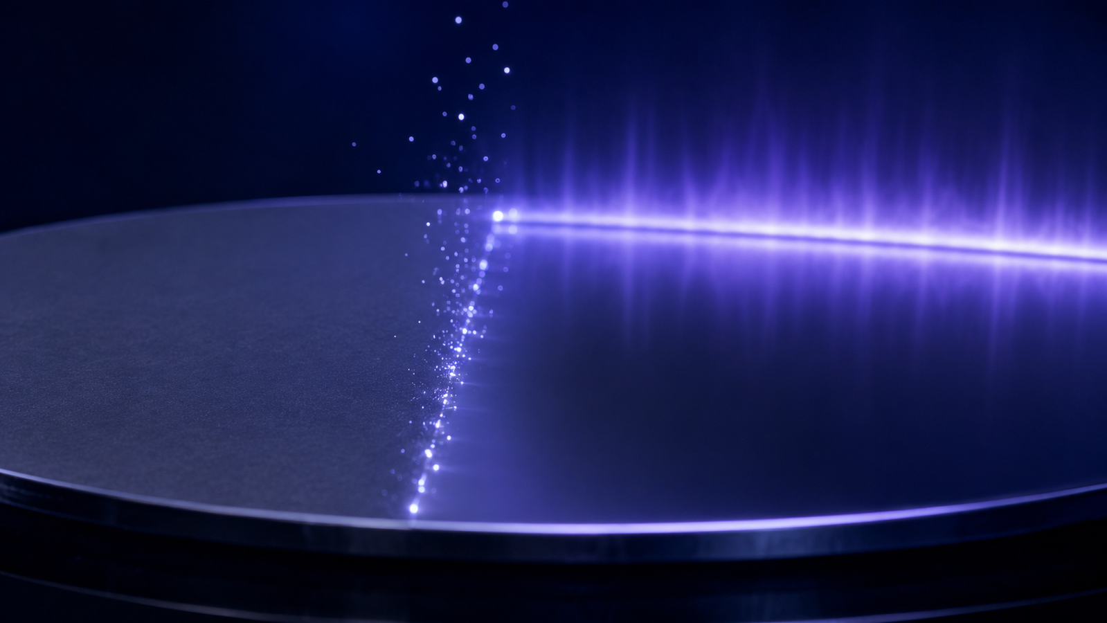 Violet cold plasma removing a thin hydrocarbon contamination film from a substrate surface, volatile fragments lifting away to reveal a clean surface