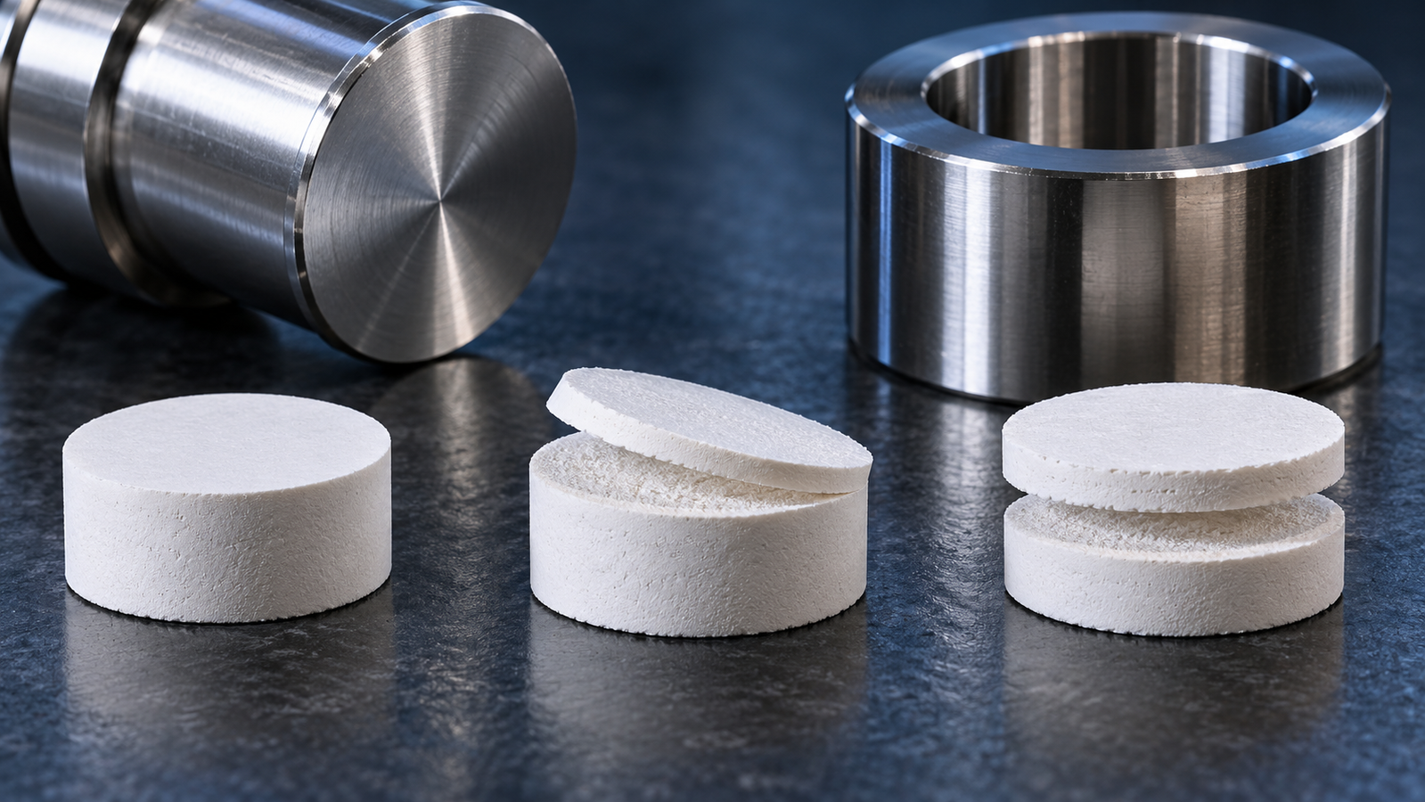 Three pressed white powder pellets on a dark bench beside a polished steel pellet die: one intact, one with its top cap lifted off, and one split into thin layers