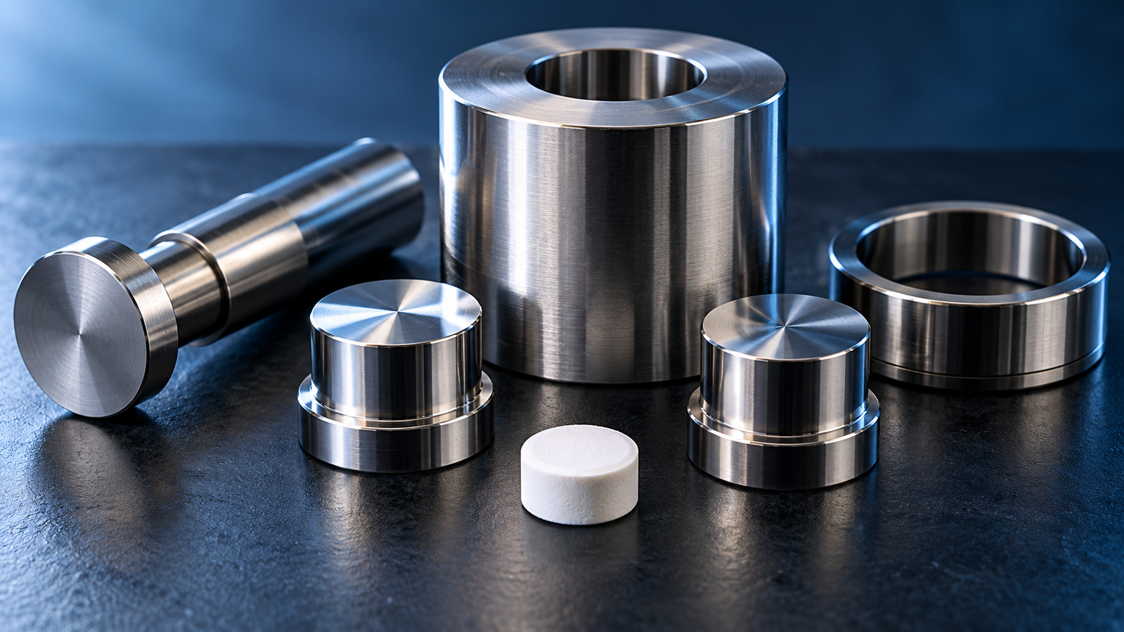 A polished steel pellet die set with die body, plunger, two anvils and an ejection ring beside a pressed white pellet