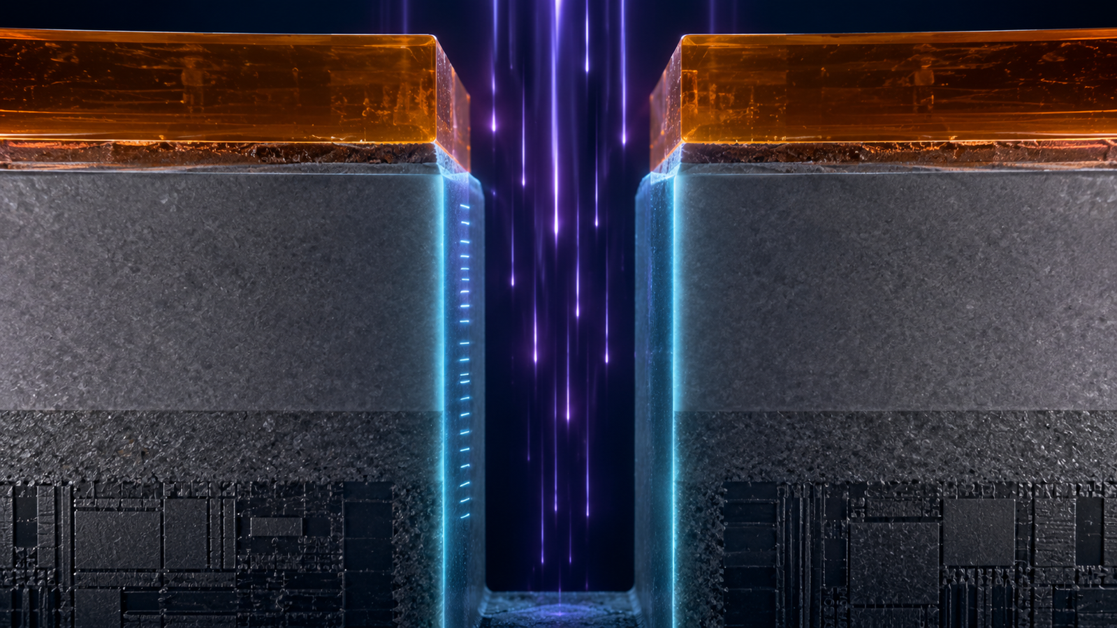 Cross-section illustration of reactive ion etching: vertical ions and reactive radicals carving a straight-walled trench through a mask opening, with sidewall passivation shown