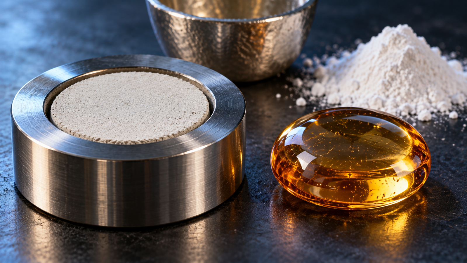 A pressed powder pellet in a steel ring and a clear amber fused glass bead side by side on a dark bench, with a platinum crucible and a small heap of white flux powder behind them