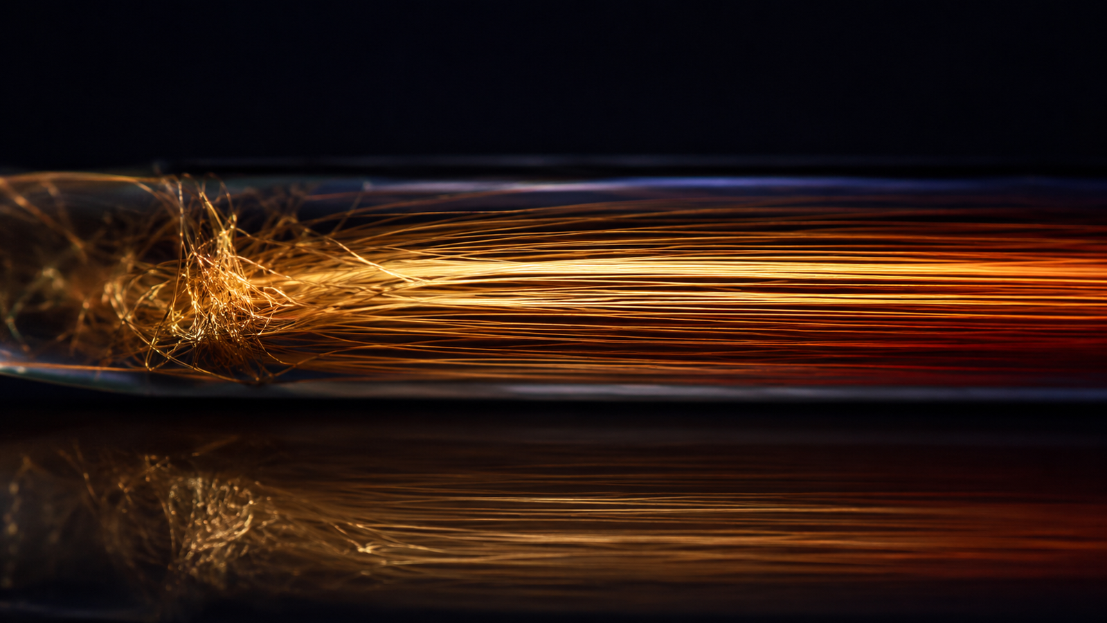 A single translucent polymer fiber stretched taut across darkness, its interior revealed as thousands of fine luminous threads combed almost perfectly parallel along the axis, warm light coursing down the aligned strands — order made visible as conduction
