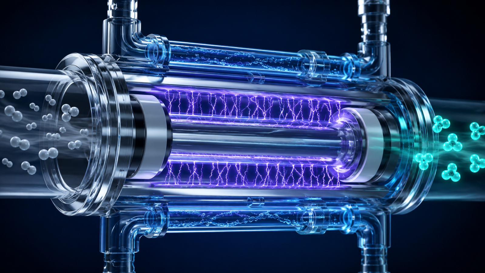 Cutaway illustration of a coaxial dielectric barrier discharge ozone generator: violet microdischarge filaments in the annular gap converting flowing oxygen into teal ozone molecules