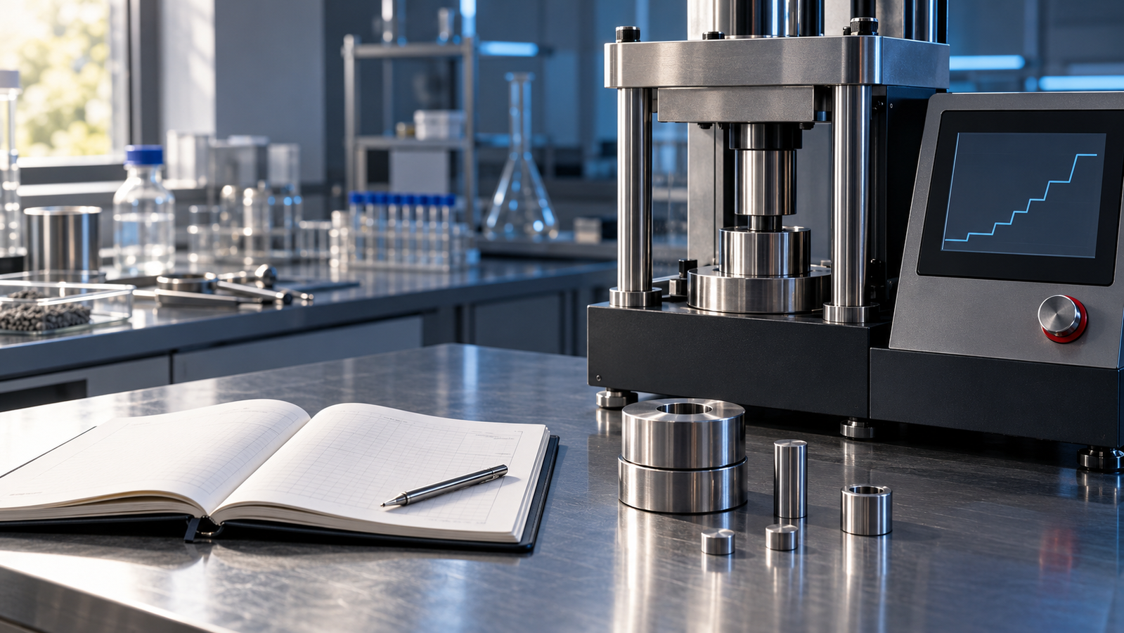 A laboratory notebook open on a bench beside a steel pellet die and an automatic hydraulic press with a touch screen showing a stepped pressure-time program
