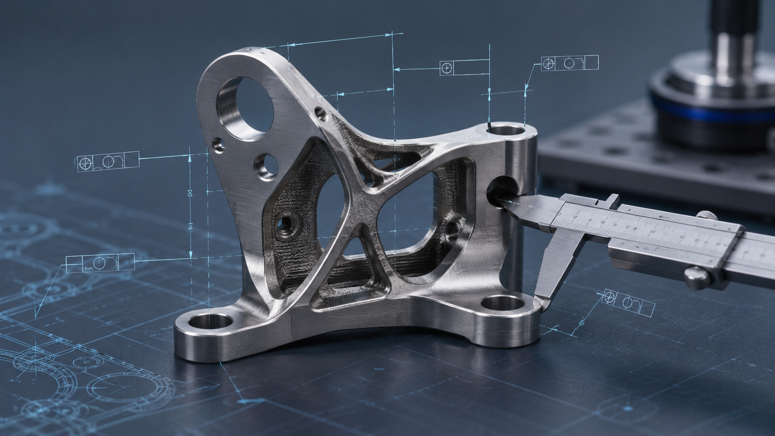 Dimensional precision in metal 3D printing: a laser-powder-bed-fusion part being measured against tolerance callouts, illustrating accuracy, tolerance, and surface finish