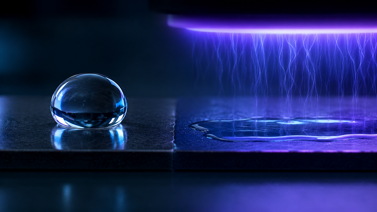 Water droplet spreading on a plasma-activated polymer surface beside a beading droplet on the untreated side, with a violet cold plasma treating the surface