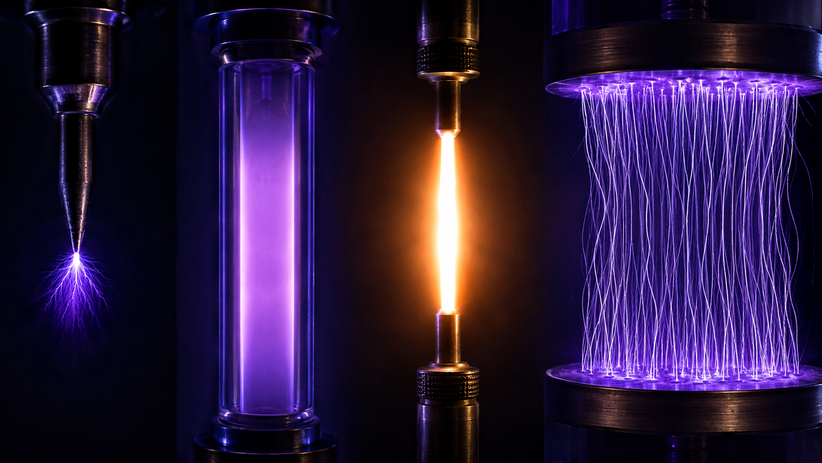 Four plasma discharge types side by side: corona at a sharp point, diffuse glow discharge column, constricted thermal arc channel, and dielectric barrier discharge filaments
