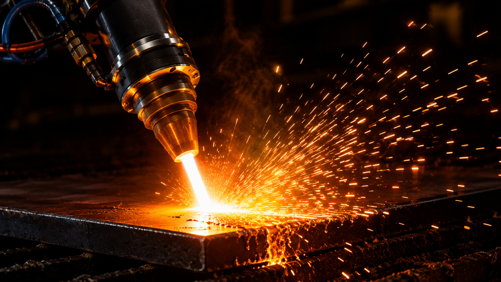 DC plasma torch firing a white-orange thermal plasma jet toward a metal workpiece, sparks flying from the bright melt zone