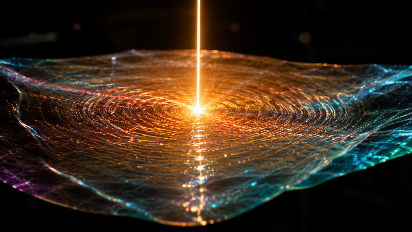 A focused beam of light striking a shimmering suspended atomic membrane, the impact point radiating fine spectral ripples that shift subtly in color outward
