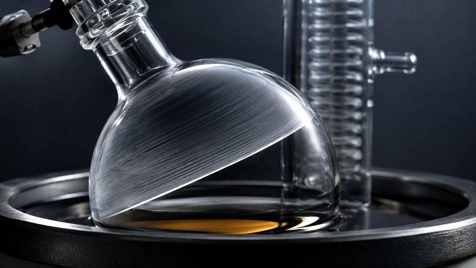 Rotating round-bottom flask partly immersed in a heated bath, with a thin solvent film on the inner wall and a vertical condenser above