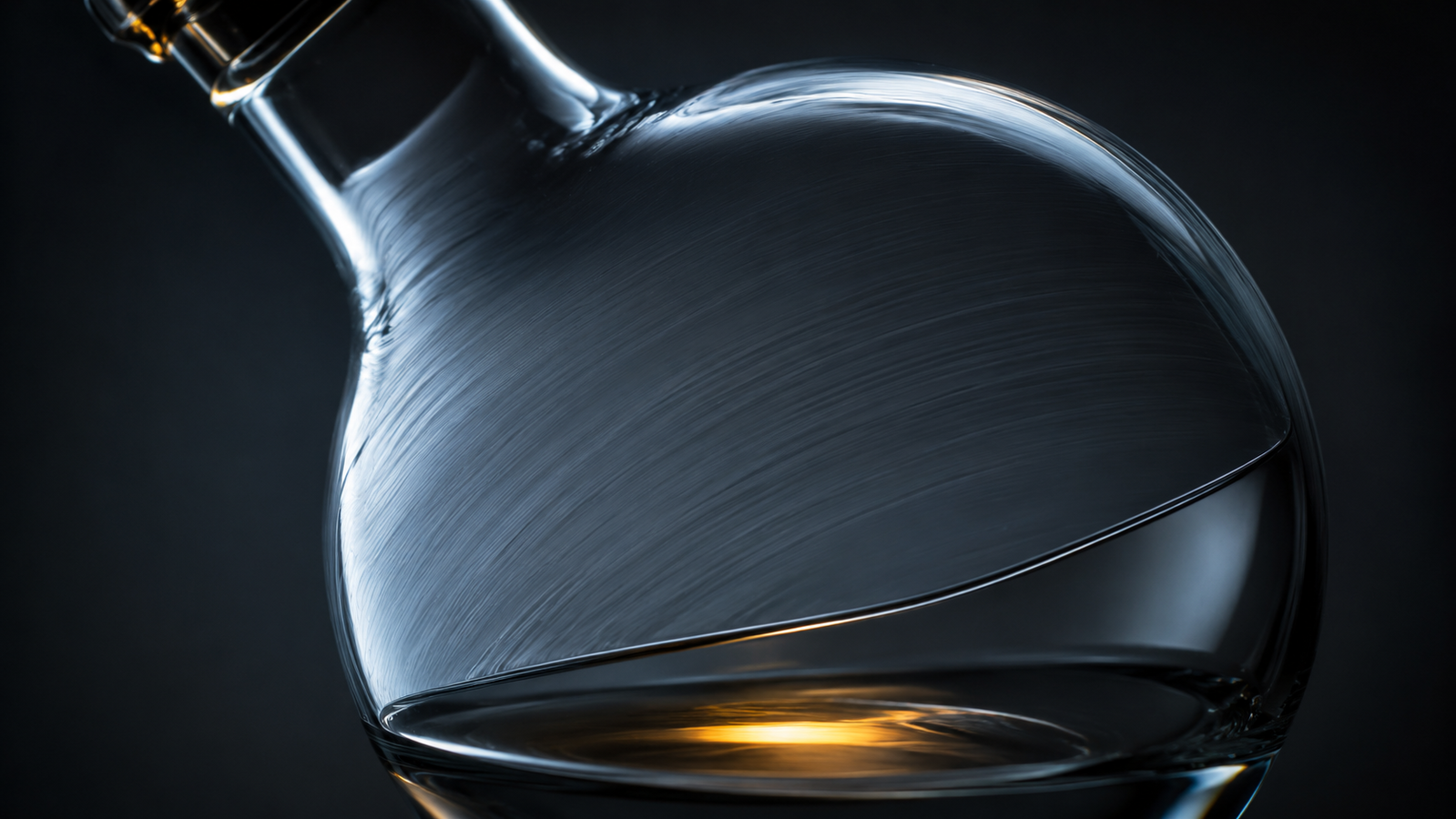 Close-up of a rotating round-bottom flask with a thin solvent film spread across the inner wall and a clear boundary where the film meets the liquid pool