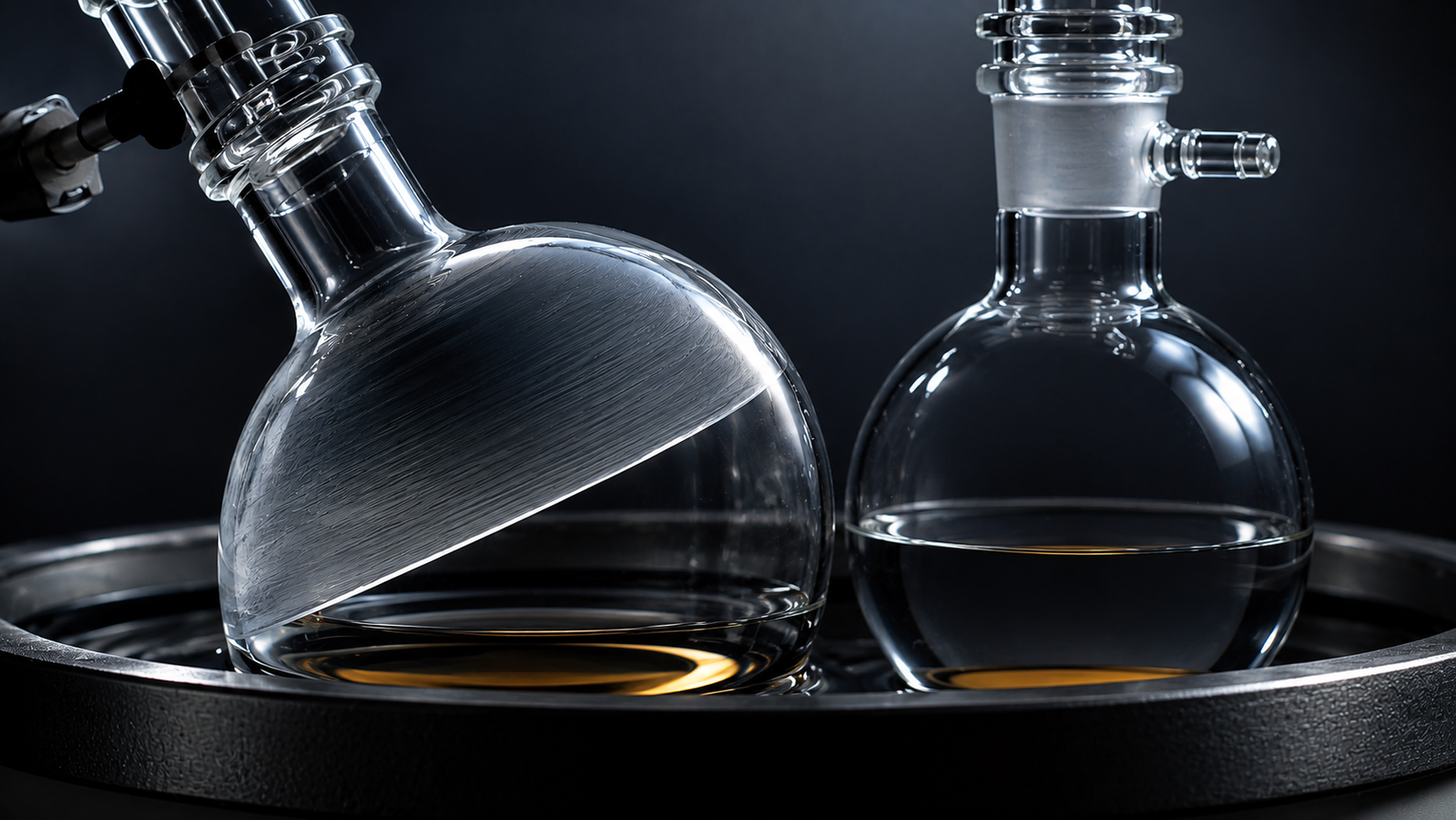 Side-by-side comparison of a rotating flask with a thin solvent film and a static distillation flask boiling from a deep pool