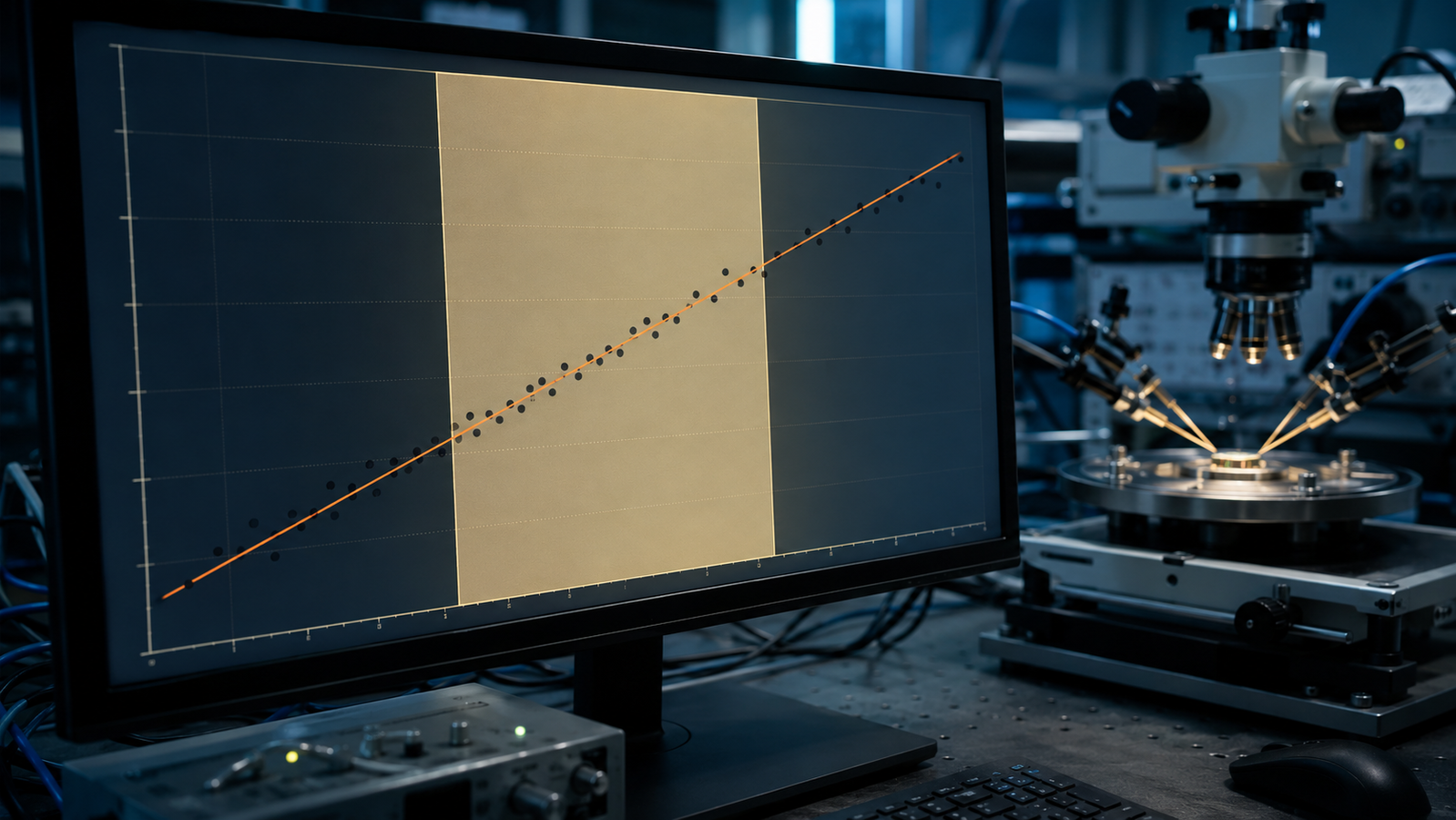 Resistance versus temperature dataset on a lab screen with an Arrhenius fitting window selected over the linear region, probe stage in the background