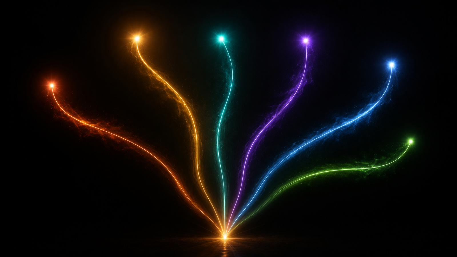 Six distinct paths of light branching from a single glowing point in darkness, each path a different color leading toward a different luminous destination