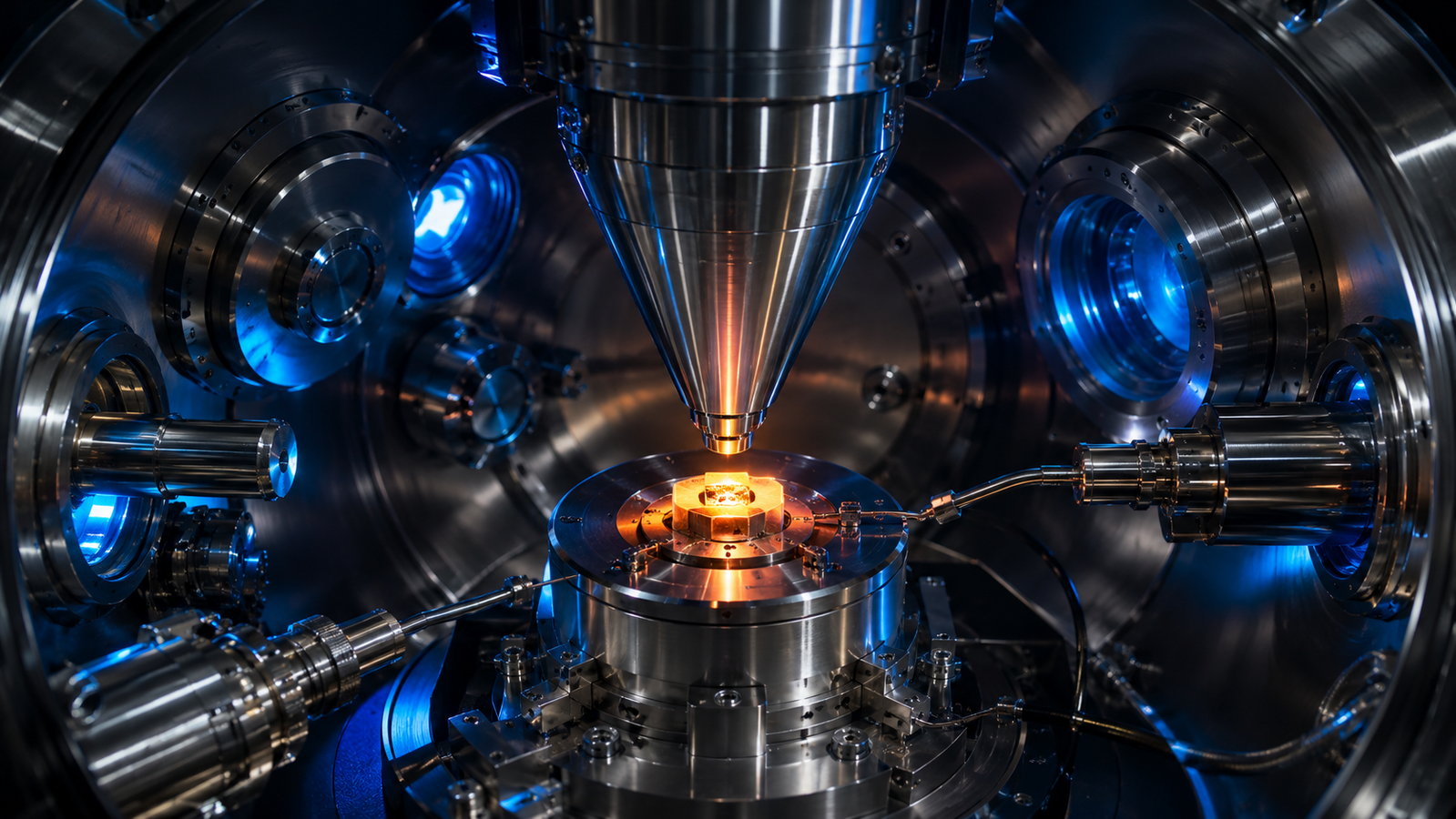 In-situ SEM heating stage concept: a micro-furnace sample stage inside a scanning electron microscope chamber with an electron column above