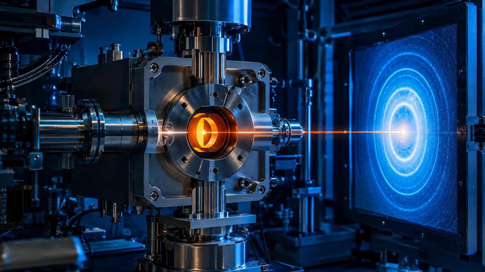 Synchrotron beamline in-situ furnace concept: a compact heating cell holding a capillary sample in an intense X-ray beam, with diffraction rings forming on an area detector behind