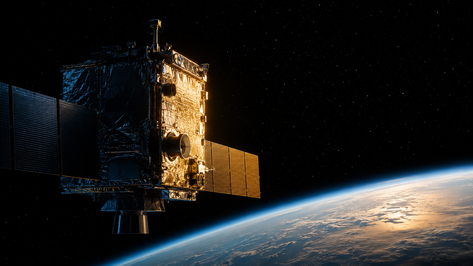 Satellite in orbit above Earth showing a strong sunlight and shadow temperature contrast, illustrating graphene-based spacecraft thermal management