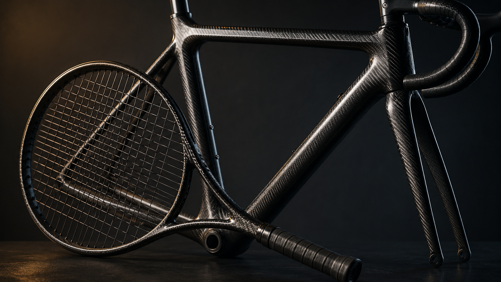 Composite tennis racket and bicycle frame with a subtle carbon-fiber weave, illustrating graphene-reinforced sports equipment