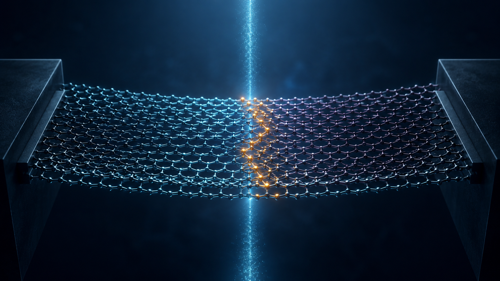 Suspended bilayer graphene between two supports, with a highlighted dislocation and electron beam.