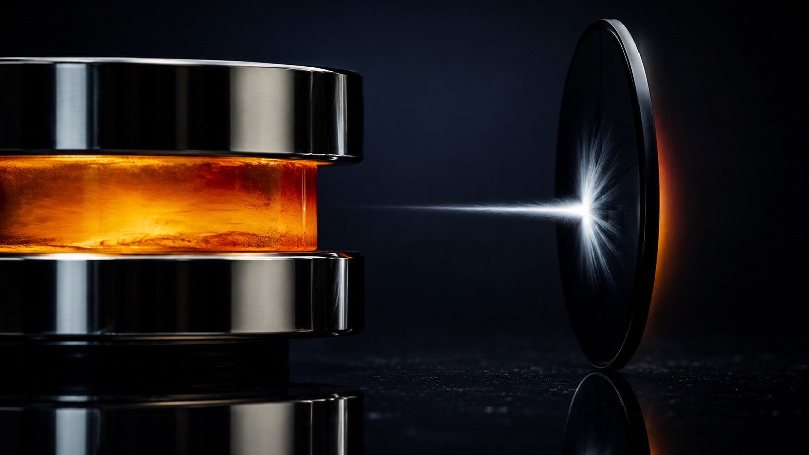 A split dark tableau: on the left a massive twin-plate press glows with a patient, perfectly even amber gradient held in stillness; on the right a slim disc is caught at the instant a single crisp pulse of light strikes it, motion frozen mid-event — patience versus the instant, two philosophies of the same measurement
