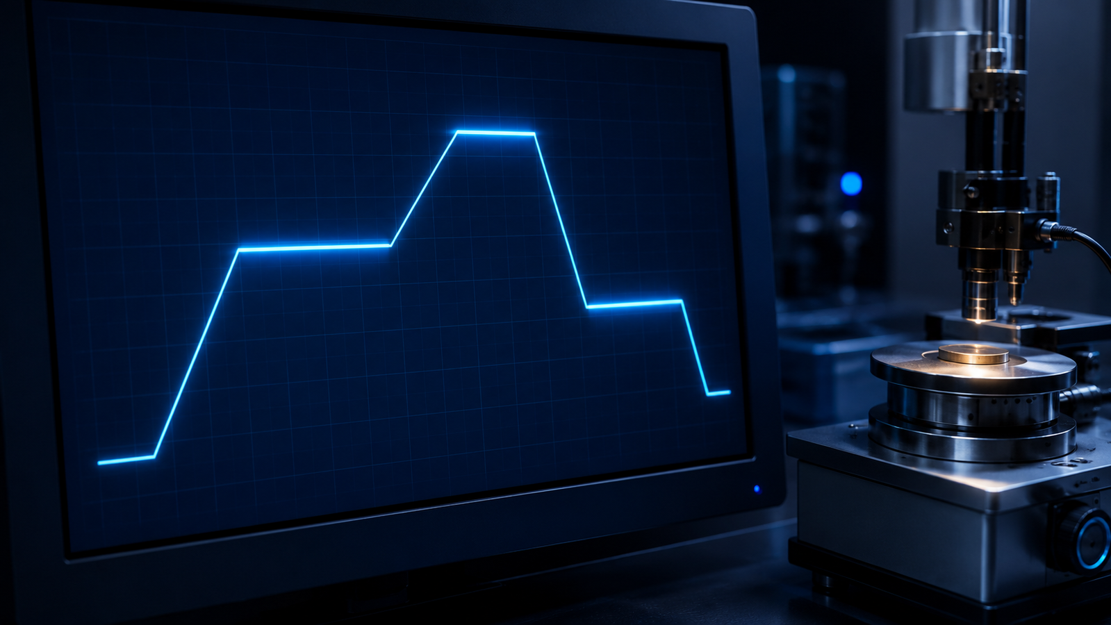 Temperature program trace showing steep controlled ramps and rock-flat holds within a tight stability band on an instrument display