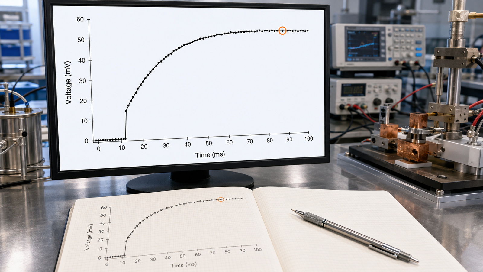 A normalized temperature rise curve on a lab monitor with a characteristic point marked, measurement bench blurred behind