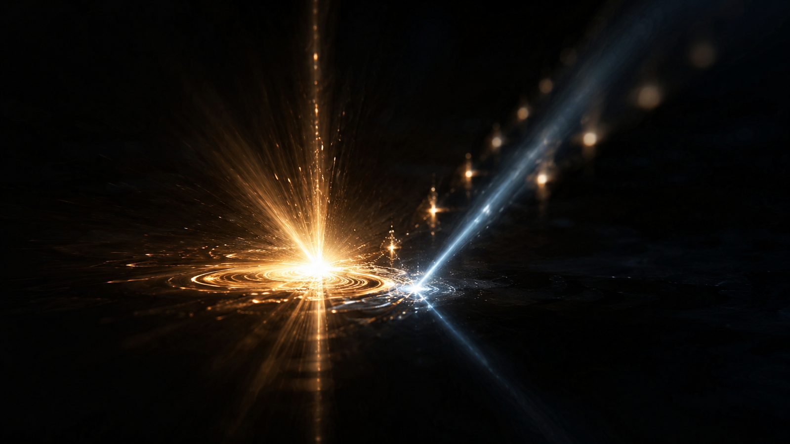 Two ultrashort light pulses meeting on a mirror-polished dark surface, the first blooming into heat, the second reading the fading reflection an instant later