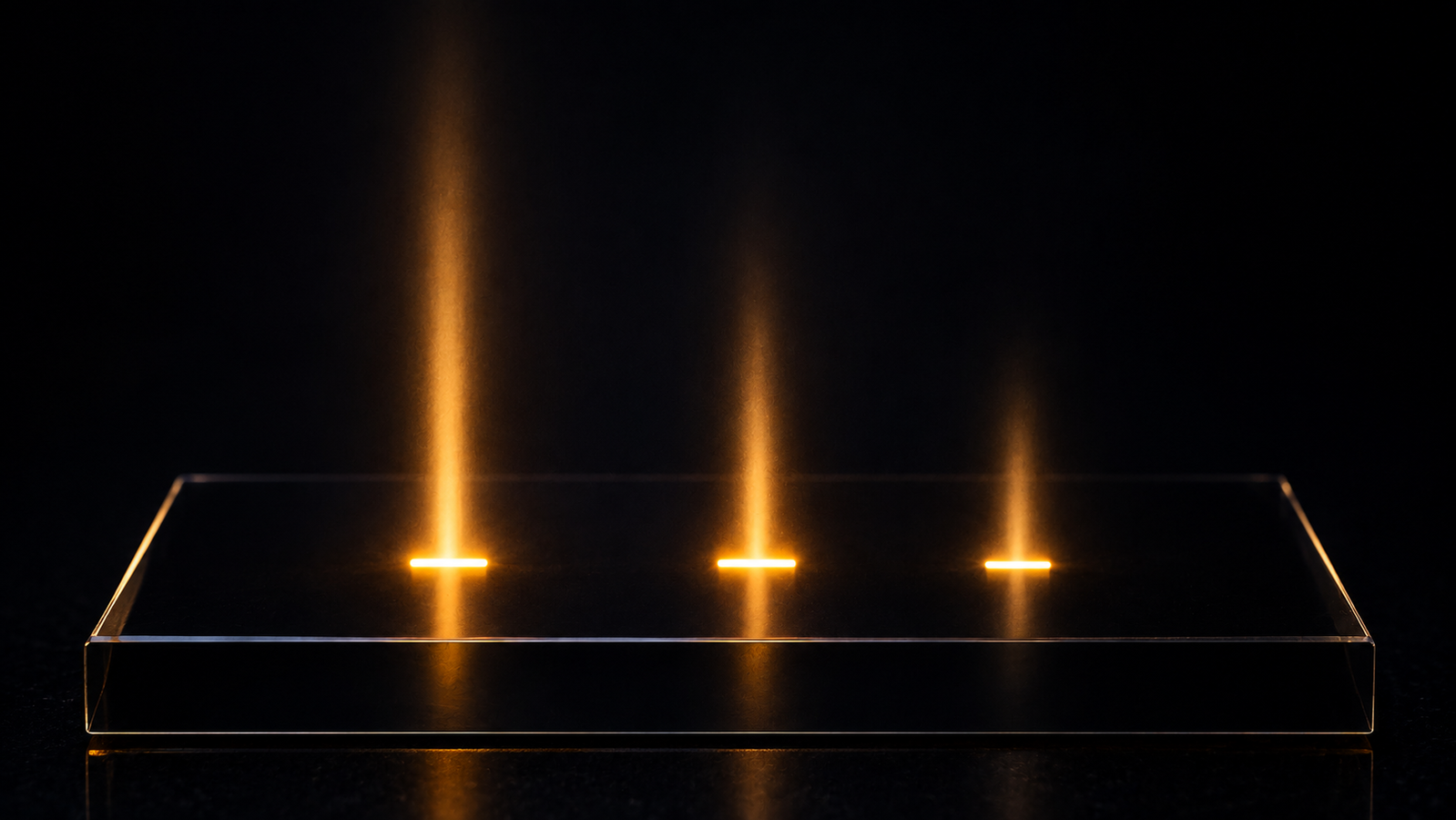A single luminous datasheet page floating in a dark void, its printed numbers glowing faint amber; from three of the numbers rise thin vertical columns of light of different heights — tall, medium, short — like uncertainty made visible, each column casting a soft measured glow on the dark page